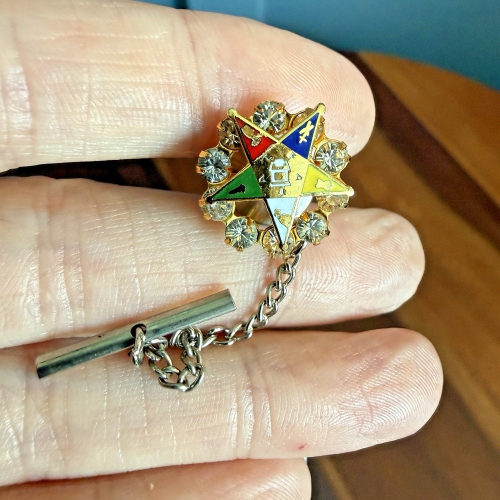 Vintage Order Eastern Star OES Tie Tack Pin Rhinestone Enamel Masonic Fraternal